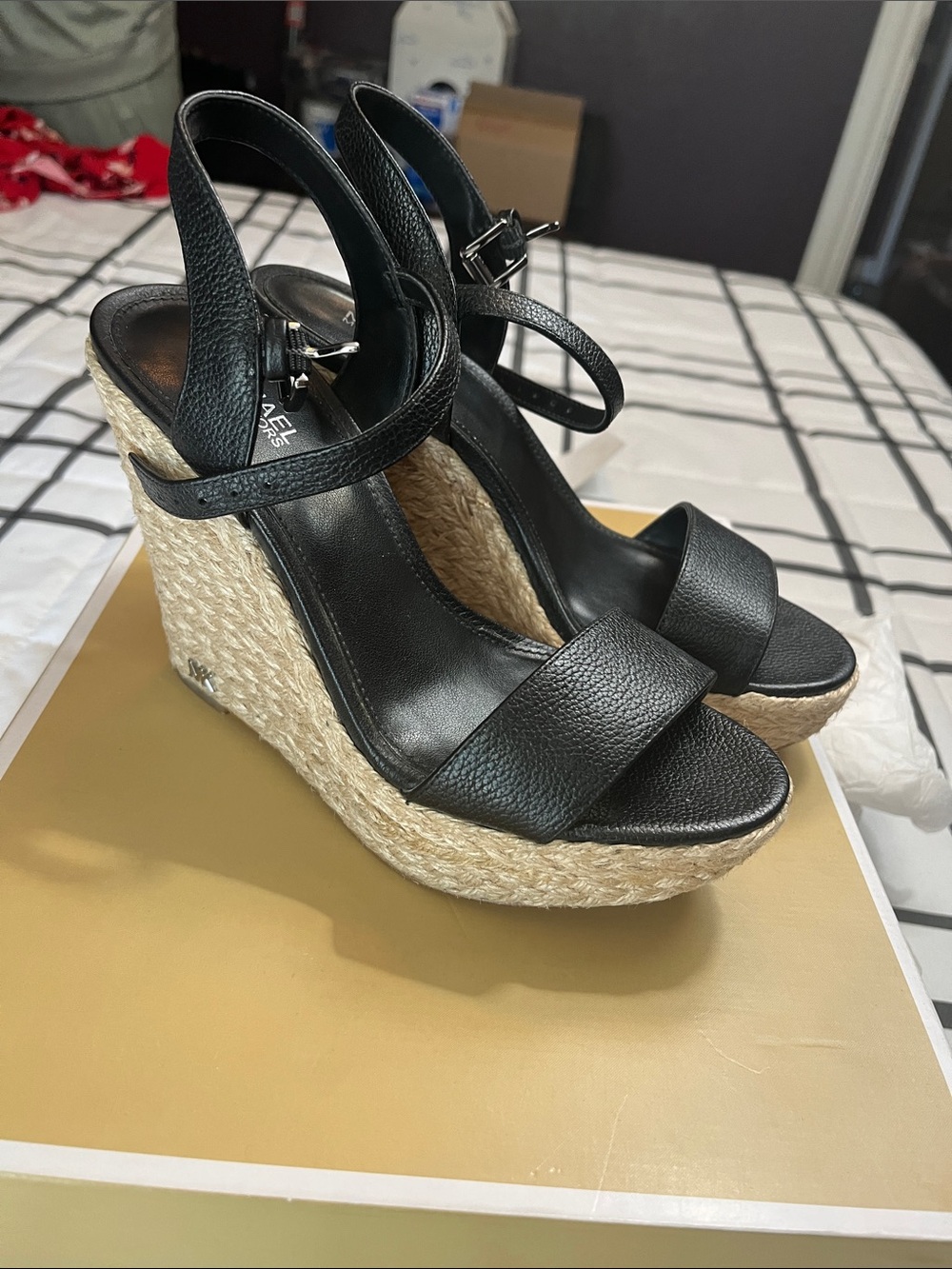 Michael Kors Black Leather Espadrille Wedge Sandals with Braided Jute Platform